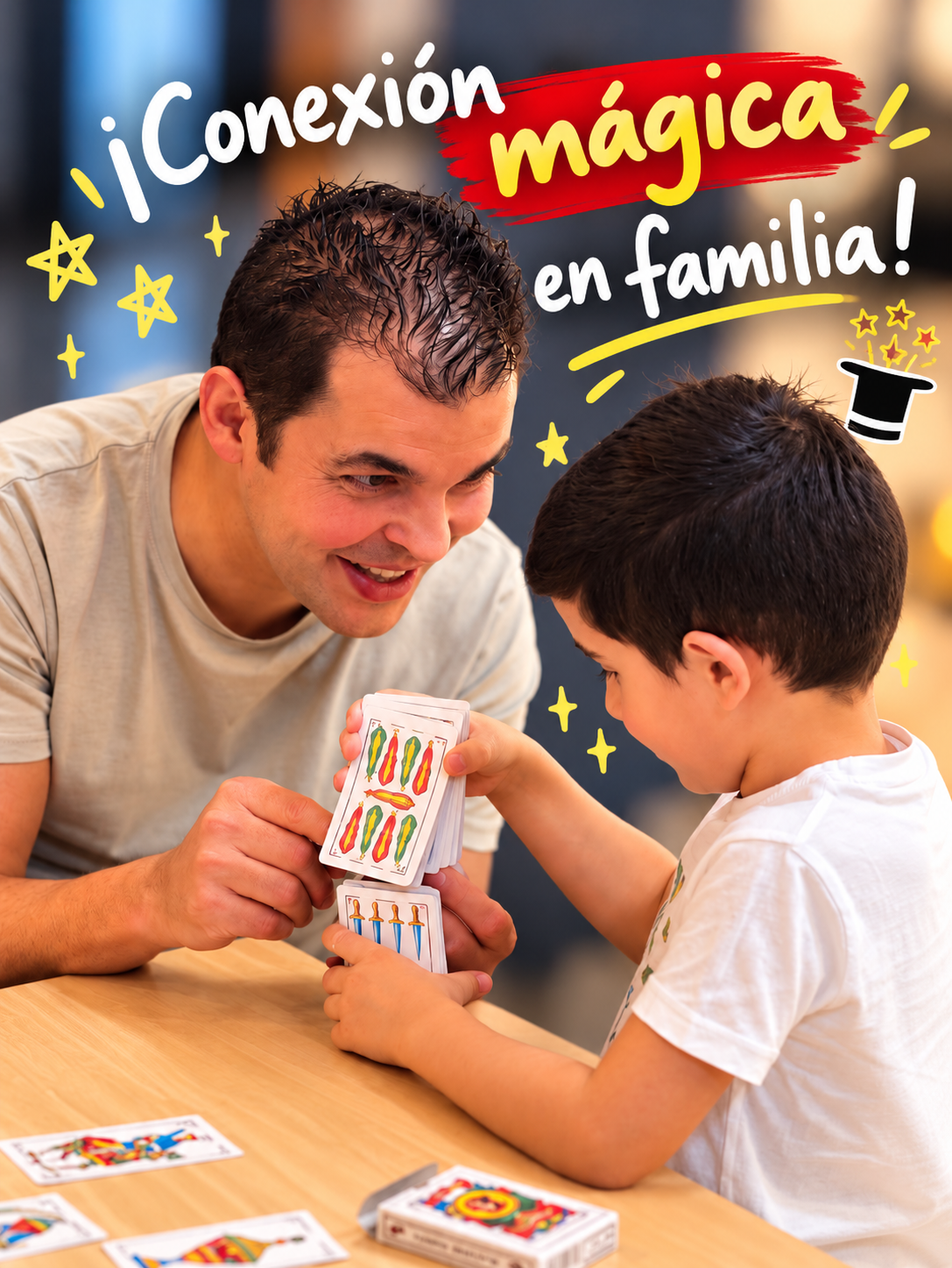 Un padre enseña un truco de cartas a su hijo